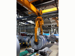 Coil tongs, coil tong, coil gripper, coil grab, telescope coil grab, horizontal coil tongs, tong for sheet coils, coil lifter, vertical coilgrab, parallelogram coilgrab, parallelogram coiltongs, Coil Lifting & Handling Equipment, LOAD HANDLING DEVICES